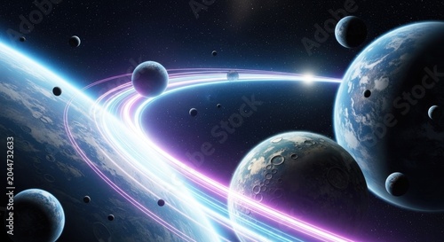 Spectacular Cosmic Journey - Planets, Nebulae, and Celestial Light Trails in Space.