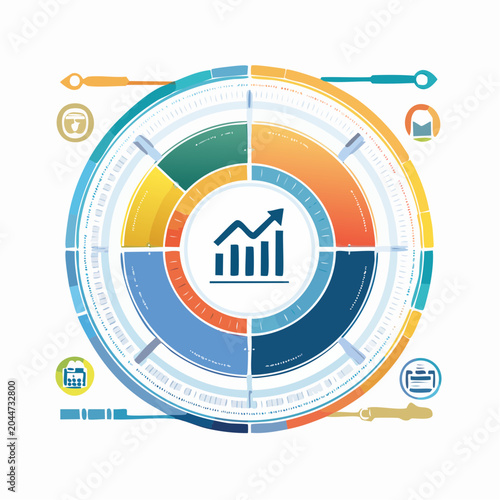 Circular infographic with upward trending bar graph in the center, surrounded by progress indicators and tool icons, symbolizing business growth and development