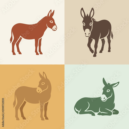 Donkeys in different colors standing.