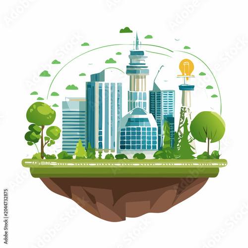 Eco-friendly urban cityscape with renewable energy sources and green spaces, symbolizing sustainable city development and environmental consciousness