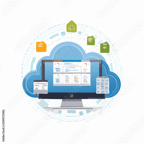 Cloud computing concept with computer displaying data and documents, icons of files and cloud storage