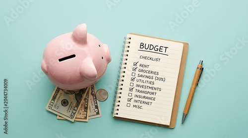 Budgeting Essentials with Piggy Bank and Notepad on Light Blue Surface