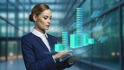 Businesswoman Interacting with Futuristic Holographic Cityscape on Tablet.