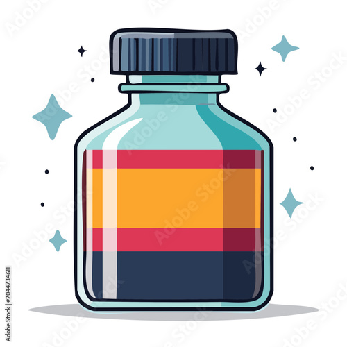 Flat design illustration of an ink bottle with colorful label