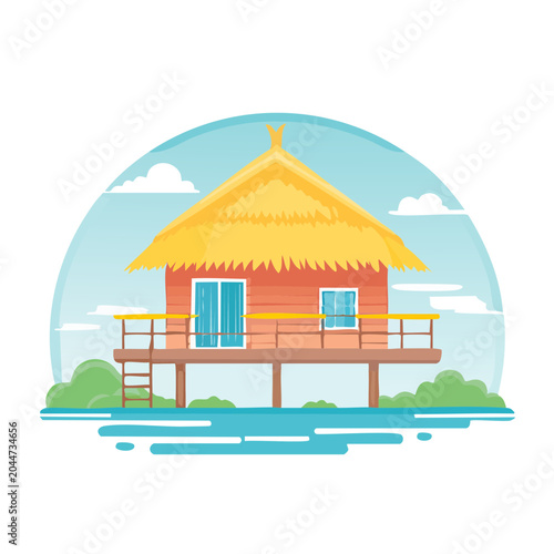 Flat design stilt house with thatched roof by the water
