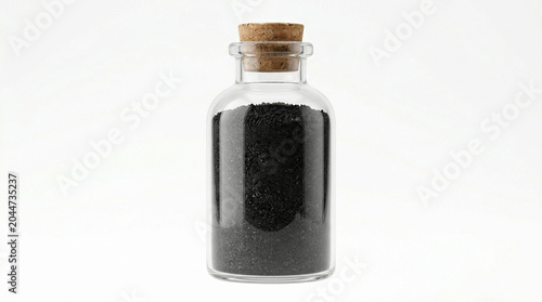 Glass bottle filled with black activated charcoal