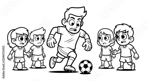 Young cartoon boy playing soccer with children watching.