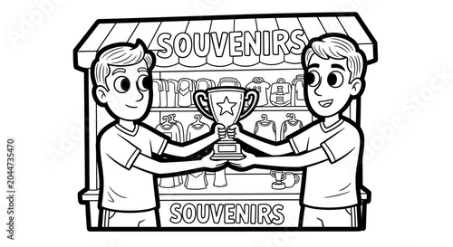 Cartoon boys holding trophy in souvenir illustration frame.