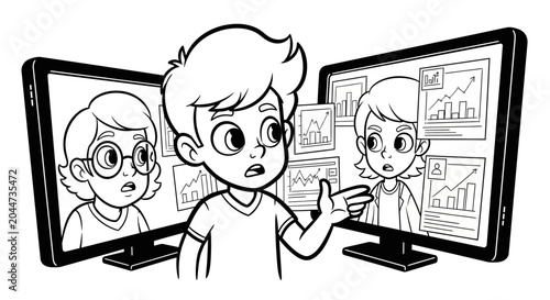 Young boy presenting financial data on computer screens.