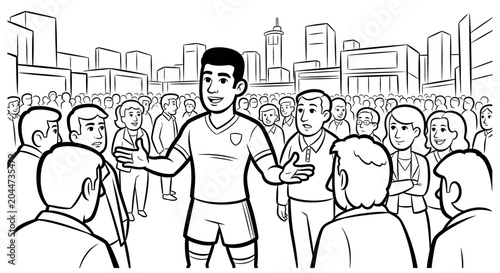 Young athlete speaking to large urban crowd outdoors.