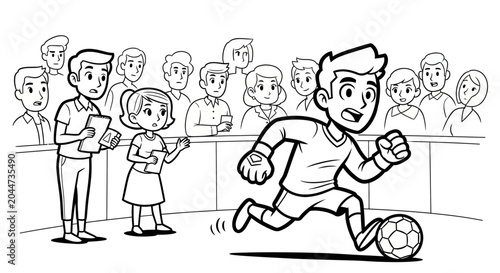 Young cartoon boy energetically kicking soccer ball indoors.