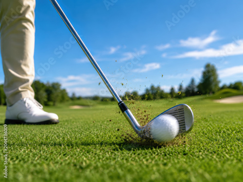 Golf player hitting a white ball with a metal club on a green grass golf course during a sunny summer day