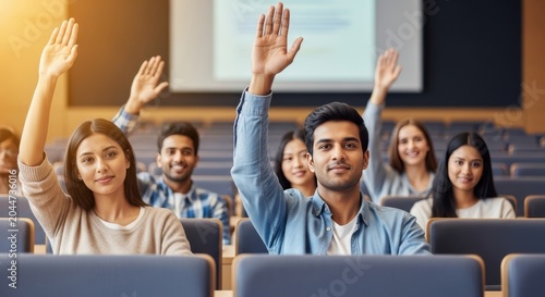 Diverse Students Raising Hands in Lecture Hall, Active University Class Participation