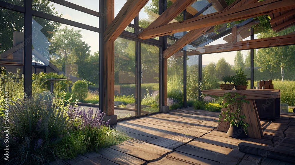 Fototapeta premium Interior view of sun-filled glass structure with wooden beams overlooking a lush garden