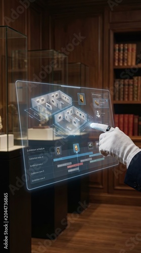 Art curator's hand organizing holographic gallery layouts and digital artwork archives, Gen by AI