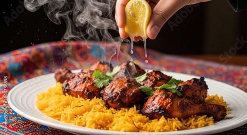 Close up of hand squeezing lemon over chicken biryani for authentic culinary serving
