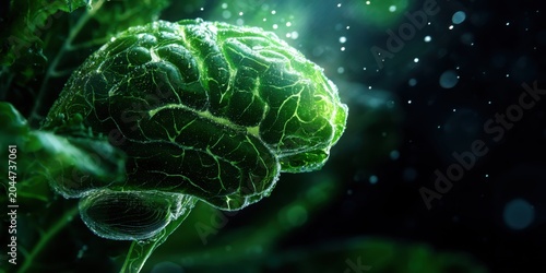 A surreal image blending a brain with green foliage, emphasizing the connection between nature and intellect.
