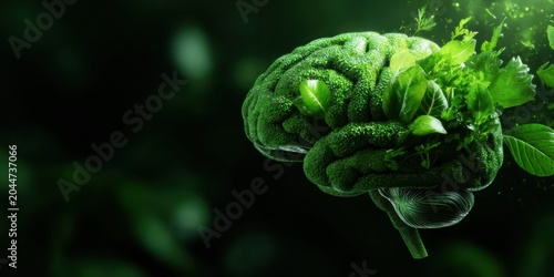 A vivid green brain intertwined with leaves represents the fusion of nature and intellect, symbolizing growth and environmental awareness.