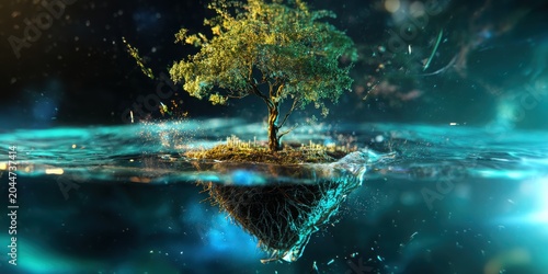 A surreal depiction of a tree growing on a small island, surrounded by water, symbolizing nature and tranquility.