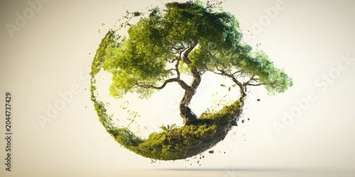 A stylized image of a tree within a circular design, symbolizing nature and environmental harmony.