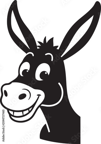 Cartoon donkey head with a cheerful smile, featuring large ears and a friendly expression.