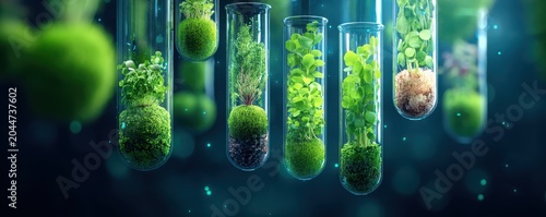 Test tubes filled with vibrant greenery, showcasing various plant life, suspended in a serene environment illuminated with soft blue light.