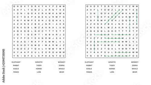 Wildlife word find with highlighted solutions