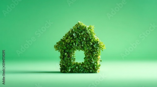 A green house shape made of leaves symbolizes eco-friendliness and sustainability against a vibrant green backdrop.
