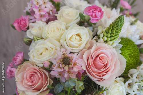 Delicate Pastel Flower Bouquet with Roses and Spring Blossoms
