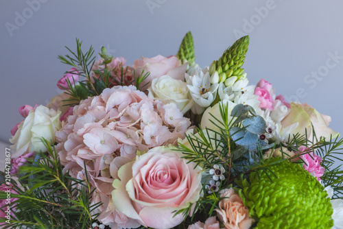 Delicate Pastel Flower Bouquet with Roses and Spring Blossoms