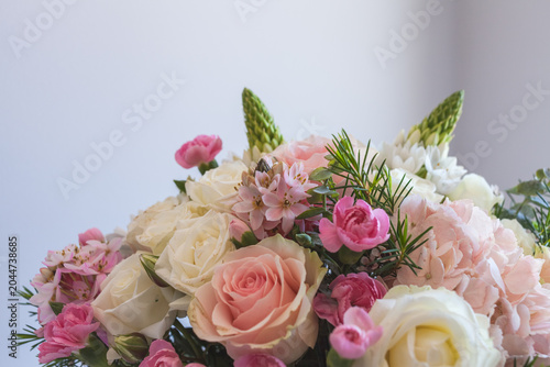 Delicate Pastel Flower Bouquet with Roses and Spring Blossoms