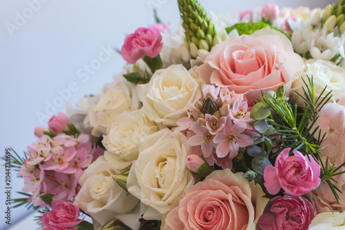 Delicate Pastel Flower Bouquet with Roses and Spring Blossoms