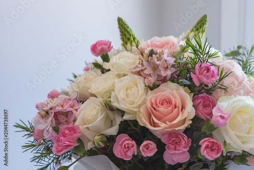 Delicate Pastel Flower Bouquet with Roses and Spring Blossoms