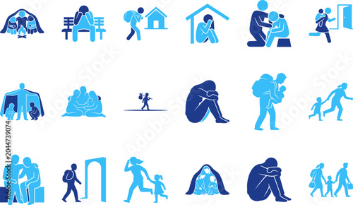 Billede på lærred Humanitarian icons symbolizing displacement, aid, and support for refugees and migrants in crisis situations