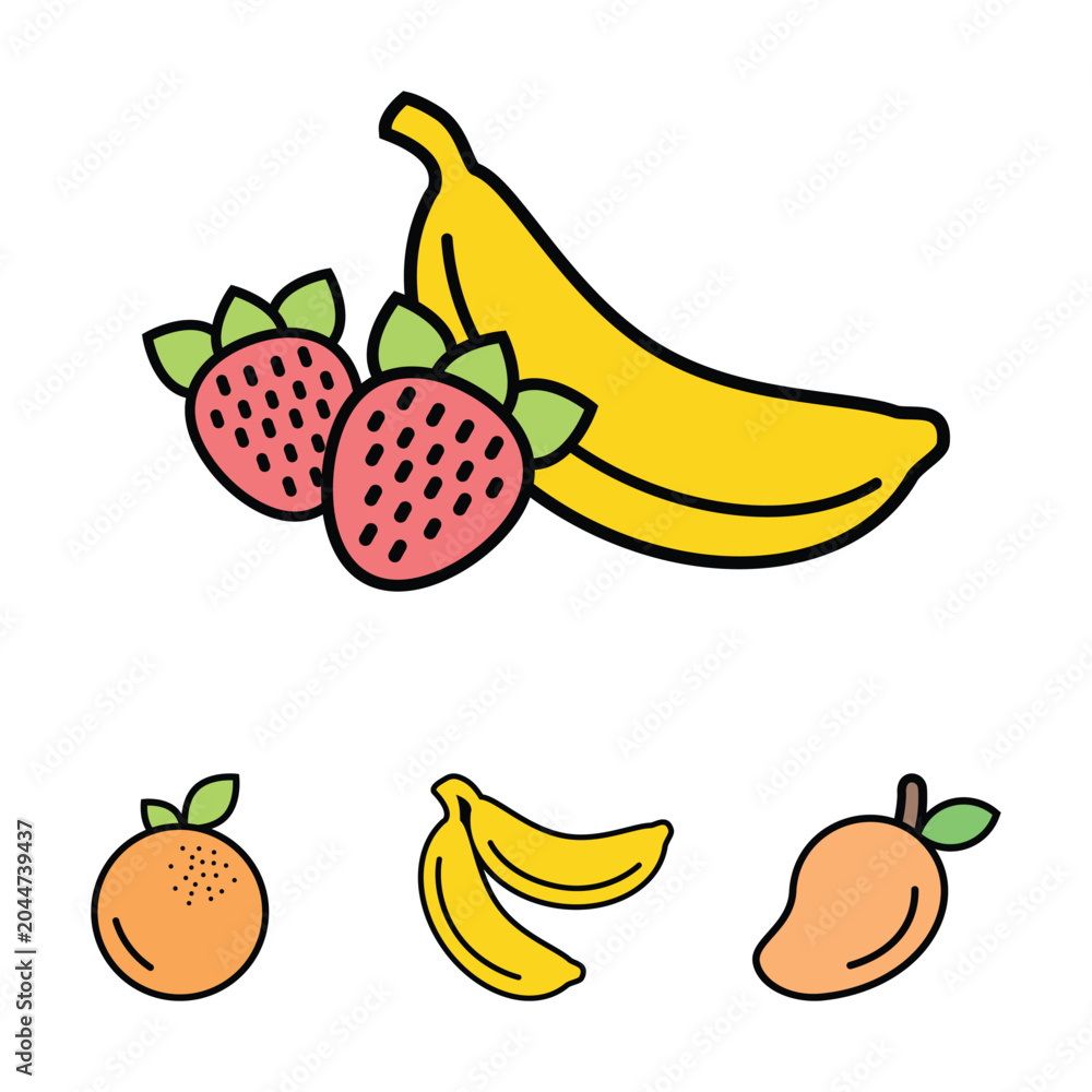 Obraz premium Colorful fruit icon set featuring banana, strawberry, orange, and mango for menus, grocery signage, nutrition materials, healthy eating guides, and food-related designs.