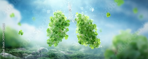 Lungs made of green leaves symbolize health, nature, and the importance of clean air and environmental awareness.