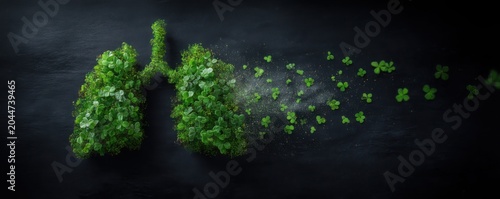 Lungs formed from green plants, symbolizing health and nature, with clovers dispersing, representing breath and vitality in a dark background.