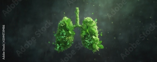 A digital artwork depicting green lungs made of leaves, symbolizing nature's connection to health and the environment.