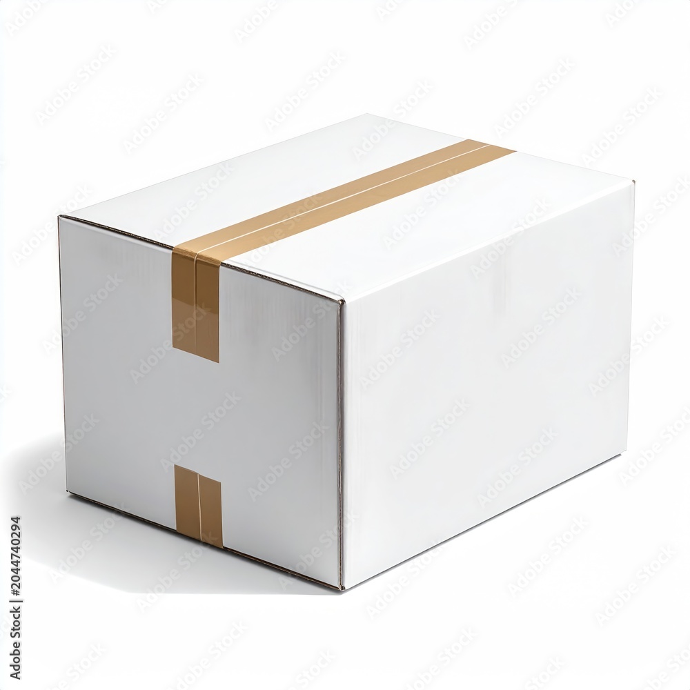 Naklejka premium Blank white cardboard box sealed with brown packing tape