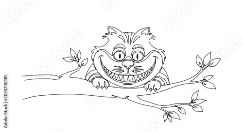Foto Whimsical Cat Grinning on Tree Branch, Line Art Illustration