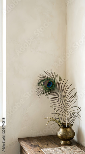 Single peacock feather in vintage brass vase against neutral wall.