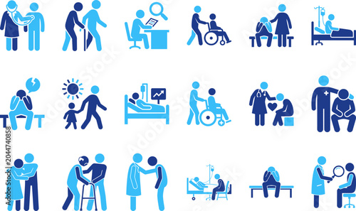 Healthcare icons depicting doctors, nurses, patients, and medical care in blue and light blue.