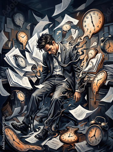 Stressed businessman surrounded by melting clocks and flying office papers.