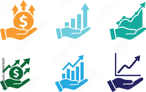 Fotografie Financial growth icons set investment revenue and profitability concepts