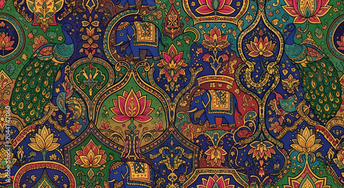 Traditional Indian Kalamkari pattern with elephants peacocks and lotus flowers.