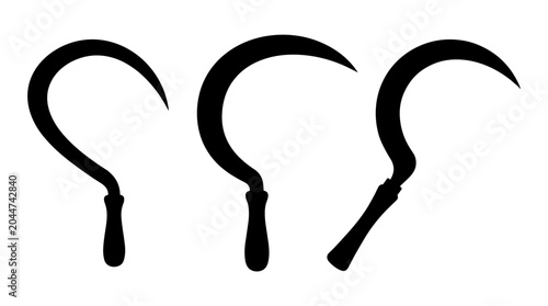 Three Black Sickle Silhouettes on White Background.