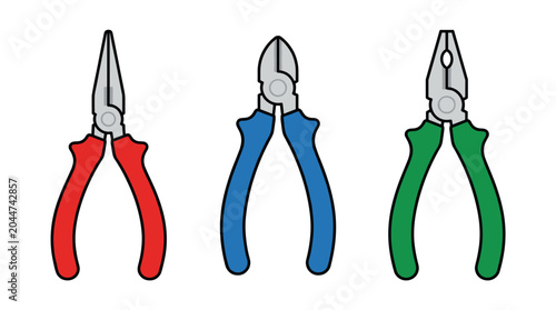 Three Pliers Tools Set Isolated White Background.