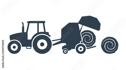 Tractor and Baler Making Hay Bales on Farm.