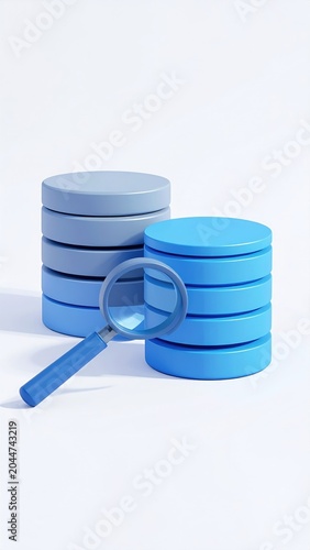 3D rendered blue stacked discs and magnifying glass on white