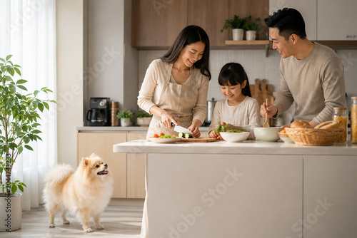 Asian Family Preparing Healthy Meal with Pomeranian Dog in Modern Kitchen